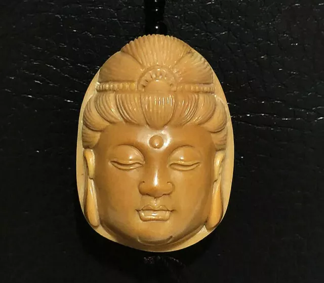 2" Hand Carved Tagua Nut Netsuke - Kwan-yin Buddha Fairy Mask
