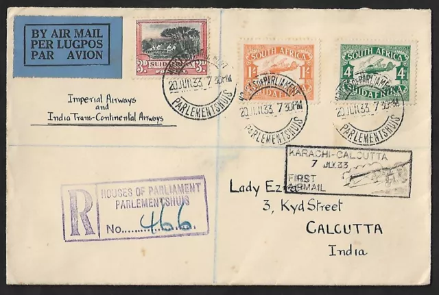 South Africa To India Air Mail Parliament House Registered Ff Cover 1933