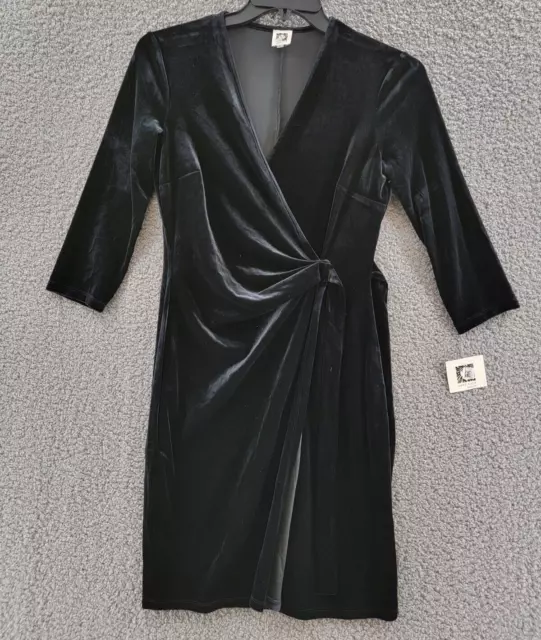 Anne Klein Velvet Wrap Sheath Dress Women's 6 Black Solid Tie Waist 3/4 Sleeve