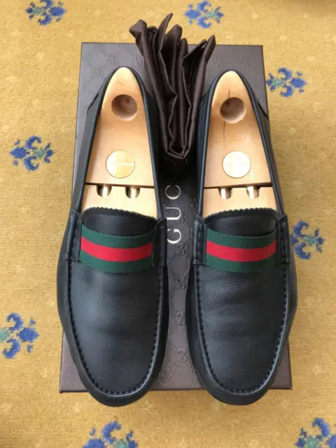 Gucci Loafers Shoes Black Leather Mens UK 8 US 9 EU 42 Web Green Red