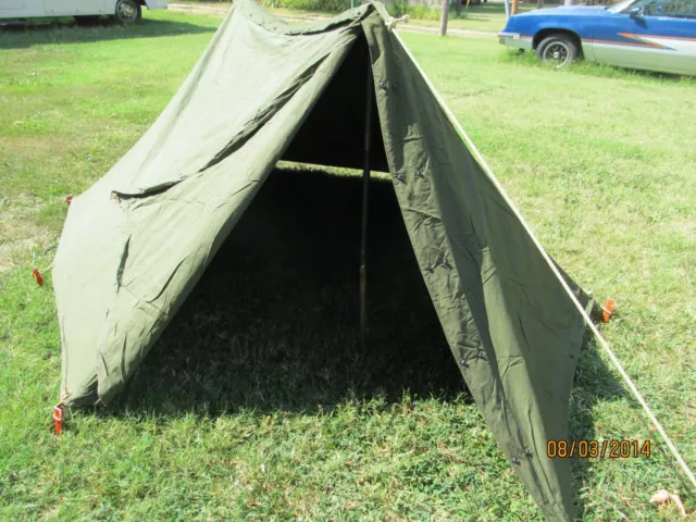 MILITARY SHELTER HALF 1/2 Pup Tent Complete Army 6 Pole 10 Stake 2