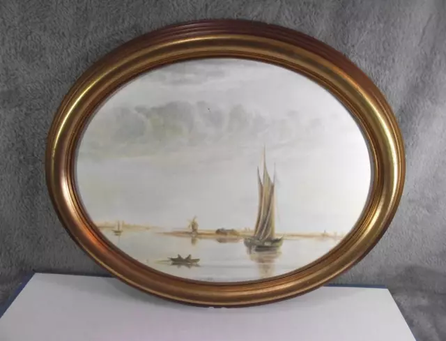 Acrylic or Oil Canvas Board Oval Wooden Frame Boats in Bay w Windmills & Houses