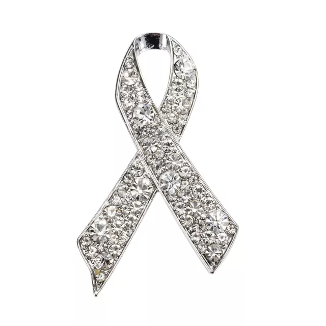 Women Silver White Rhinestones Breast Cancer Awareness Bow Pin Brooch BR411