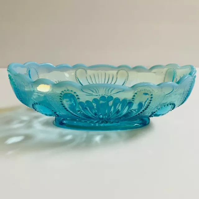 Jefferson Glass Co Blue Opalescent Jewel and Fan Oval Bowl Dish Antique c 1910s