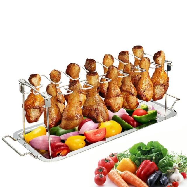 CHICKEN LEG WINGS Holder BBQ Rack With Oil Drip Tray Pan For Grill Oven