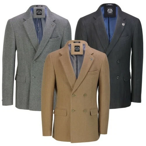 Uomo Doppio Petto Pisello Cappotto Misto Lana Smart Mod Caldo Inverno Giacca