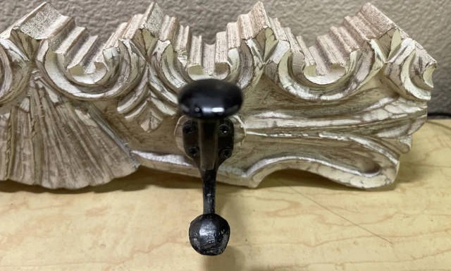 Vintage Thick Carved Painted Wood Wall Hanger w/ 2 Heavy Iron Hooks India Made 6