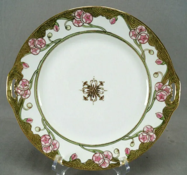 Nippon Hand Painted Pink Morning Glory & Gold Beaded Cake Plate C. 1911 - 1921