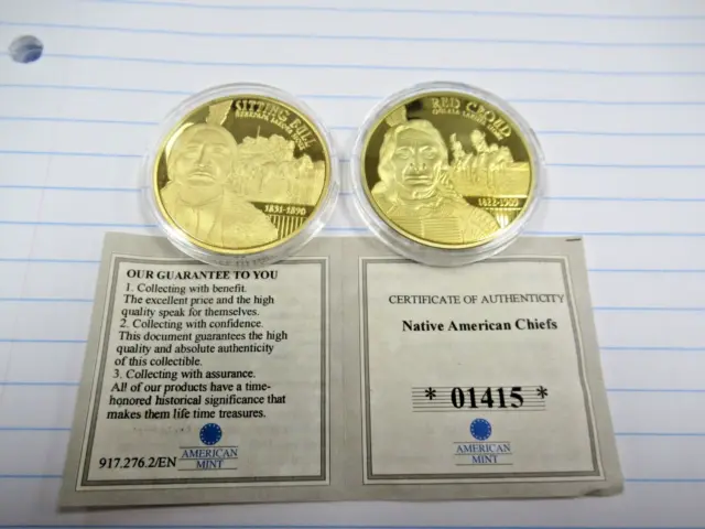 American Mint Native American Chiefs 40mm Proof Coins CU Copper Layered in 24K
