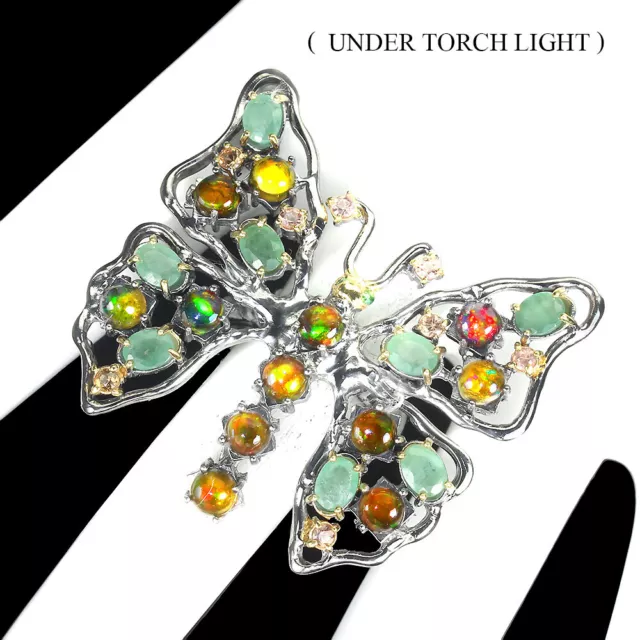 Handmade Natural Emerald Black Opal Sapphire 925 Sterling Silver Butterfly Ring