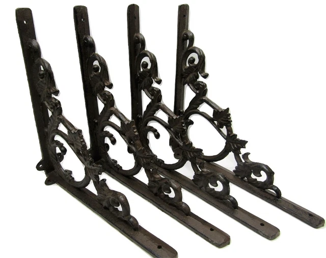 Set of 4 Cast Iron Shelf Brackets New 9.5" Rustic Ivy Vine Leaf Antique-Style