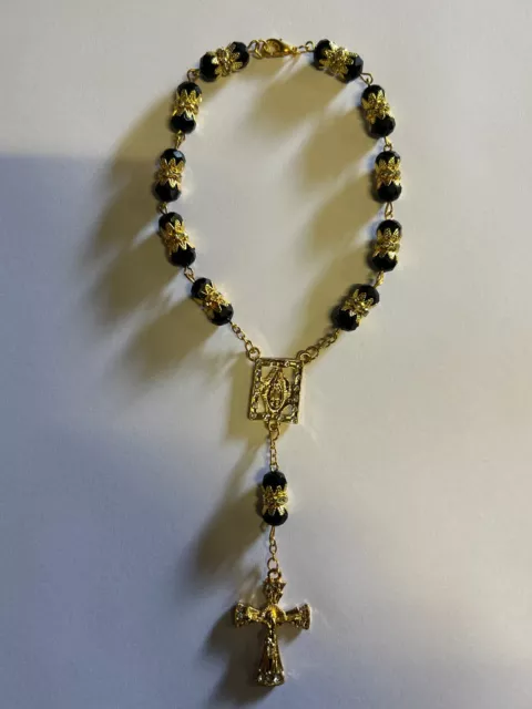Black Crystal Glass Religious ROSARY Beads With Crucifix in Gift Box