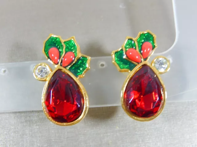 Vtg Large Red Rhinestone Gold Tone Enamel Holly Avon Christmas Pierced  Earrings