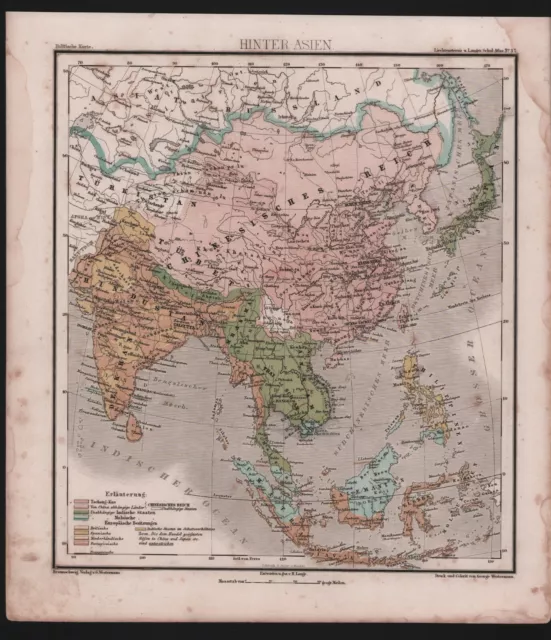 Landkarte map 1873: Hinter-Asien. Politische Karte China Indien Philippinen