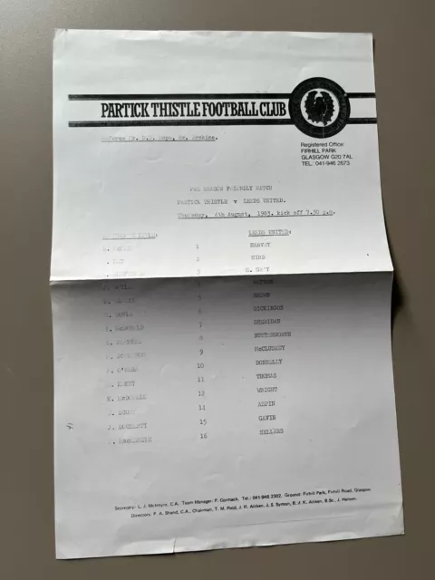 1983-84 Partick Thistle vs Leeds United - Friendly Match - Photocopied Teamsheet