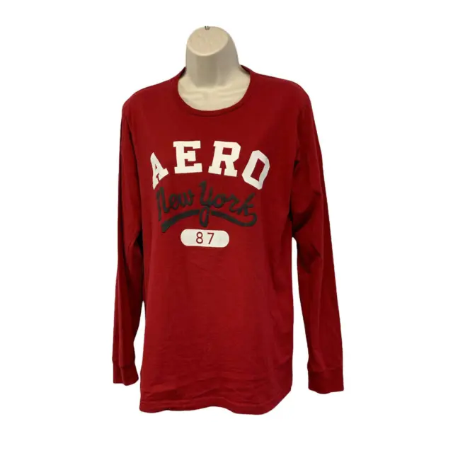 AERO Aeropostale Women's T Shirt Red Long Sleeve Top Sz Medium Cotton Crew Neck