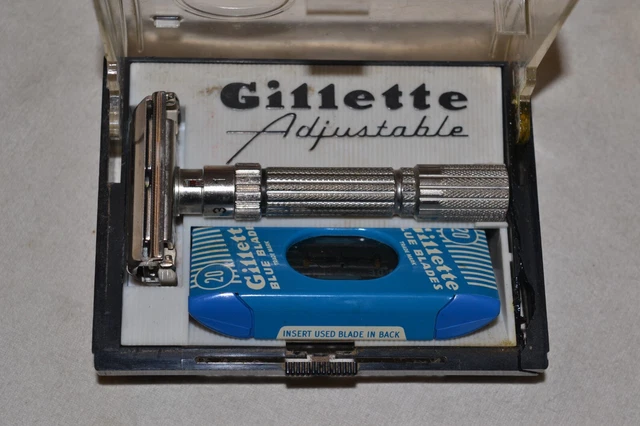 Vintage Gillette Fat Boy Adjustable 195 DE Safety Razor Set w Case & Blades