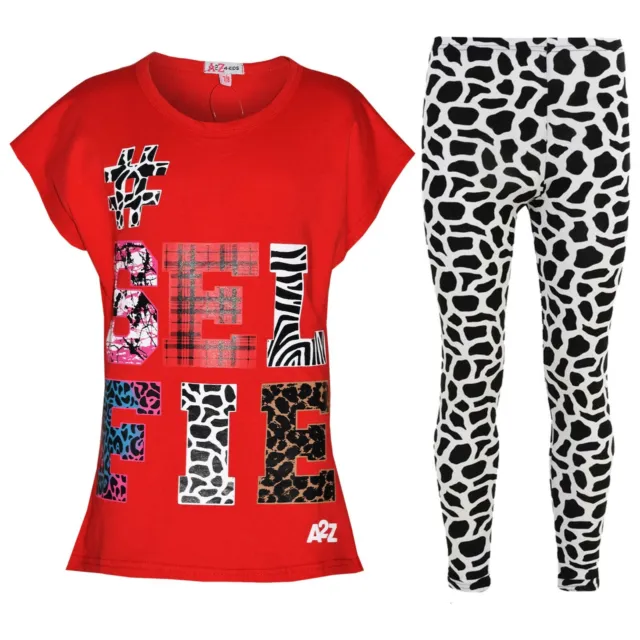 Kids Girls Tops Selfie Print Trendy Red T Shirt Top & Fashion Legging Set 7-13 Y