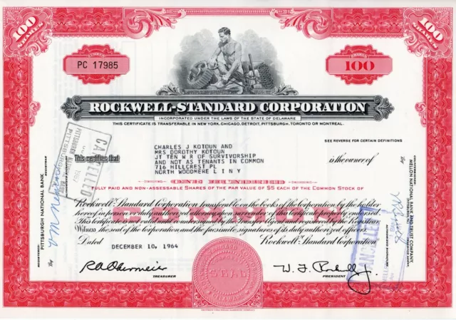 Rockwell-Standard Corporation Stock Certificate 100 Shares