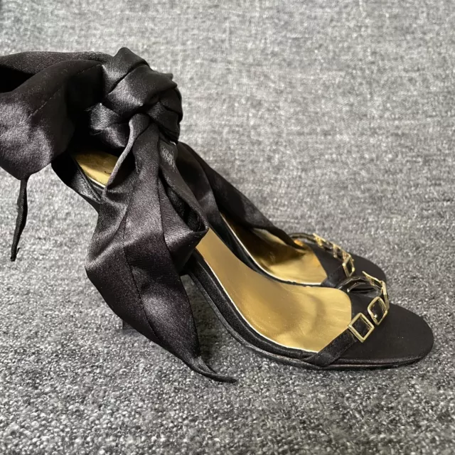 NEW Frederick’s of Hollywood Heels Black Satin Tie Ankle Gold Detail Women’s 7