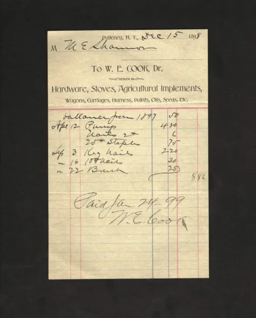 signed 1898 receipt from W. E. Cook, dealer in hardware, wagons etc. Pulteney NY