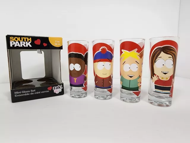 South Park Set of 4 Mini Shot Glasses Valentine's 2 oz Kyle Butters Kenny NEW