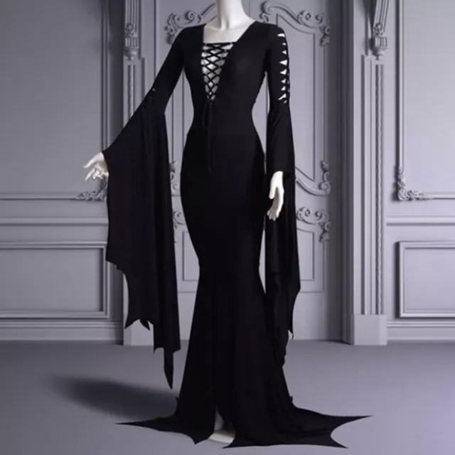 Halloween Robe Maxi Robe Gothique Fête Robe Manches Longues Noir *