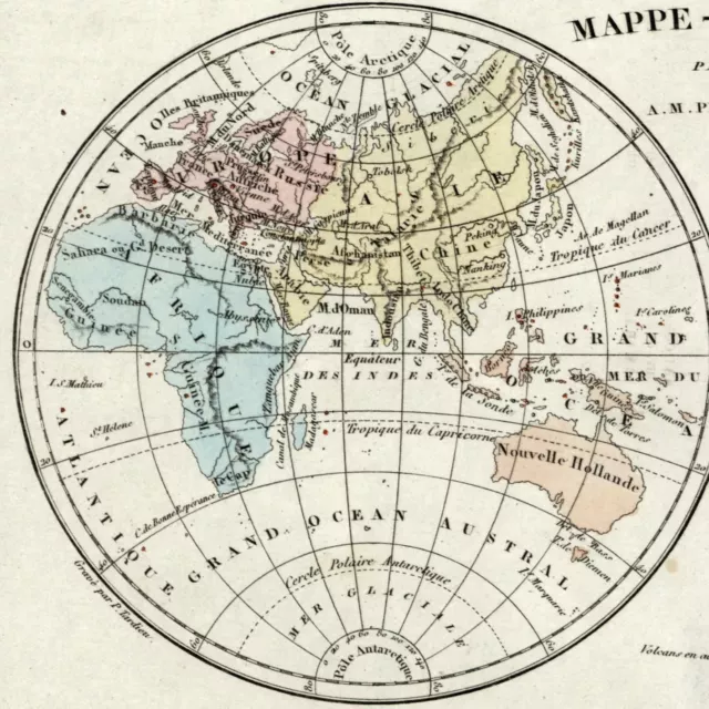 World double Hemispheres active volcanoes old map 1834 scarce Tardieu Perrot 3