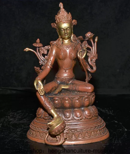 8.8 " Old Tibet Buddhism Red Copper Gilt Guanyin Kwan-Yin Buddha Lotus Statue