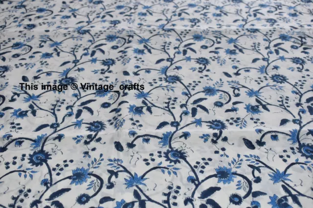 2.3m Indien Main Bloc Imprimé Pur Coton Blanc et Bleu Course Tissu