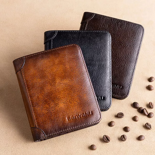 Genuine Leather Men Bifold/Trifold Wallet RFID blocking Credit Card Holder Retro