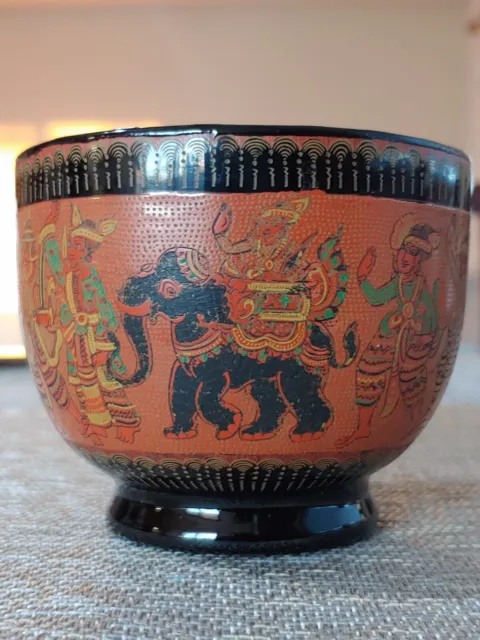 木胎漆器雕刻人物茶碗 Antique Burmese Burma lacquerware Wooden Tea Cup Engraved Sencery Art