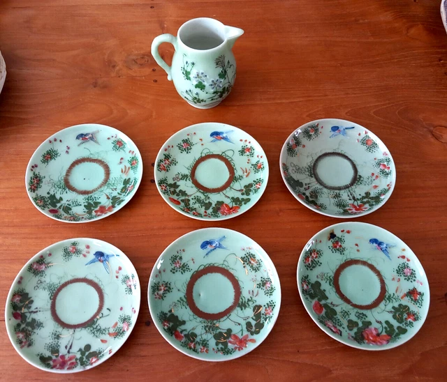 6 PETITES ASSIETTES ANCIENNES EN PORCELAINE CELADON SETO IMARI JAPON FIN 19ème