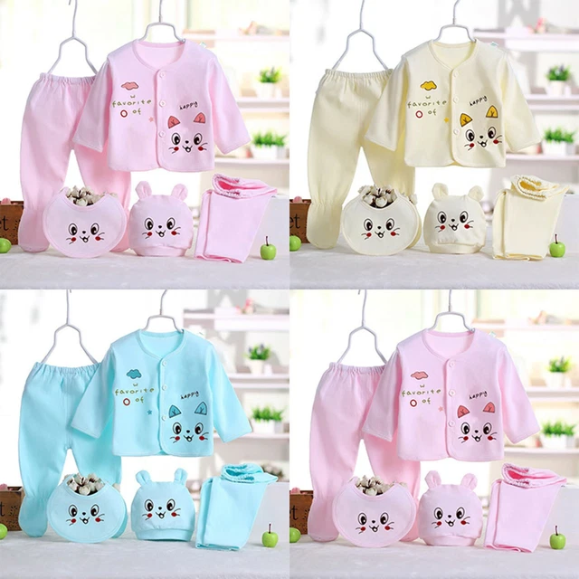 5PCS Newborn Baby Boys Girls Cartoon Long Sleeve Tops+Hat+Pants +Bib Outfits Set