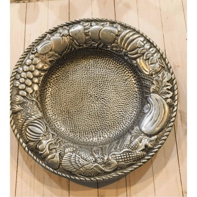 Harvest bowl, silver tone, fall theme, 15” wide, Vintage pewter Plater Taiwanese