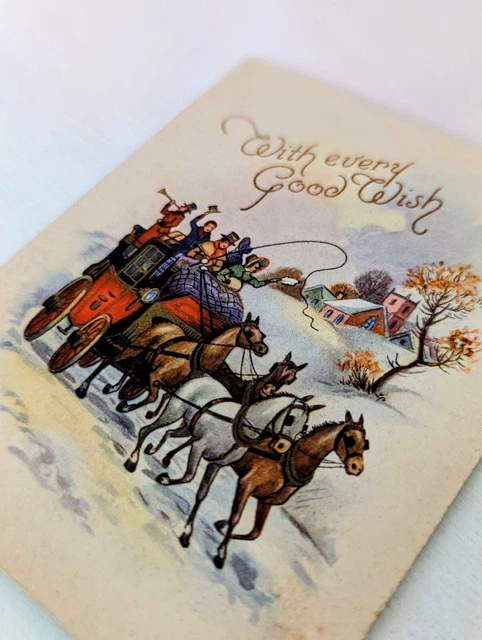 Vintage 1940's Horse Carriage Christmas UNUSED Blank Inside Greeting Card EB4401