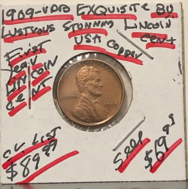 AN EXQUISITE GEM BU 1909 VDB LINCOLN COPPER KEY DATE USA CENT-FIRST YEAR ISSUEDx