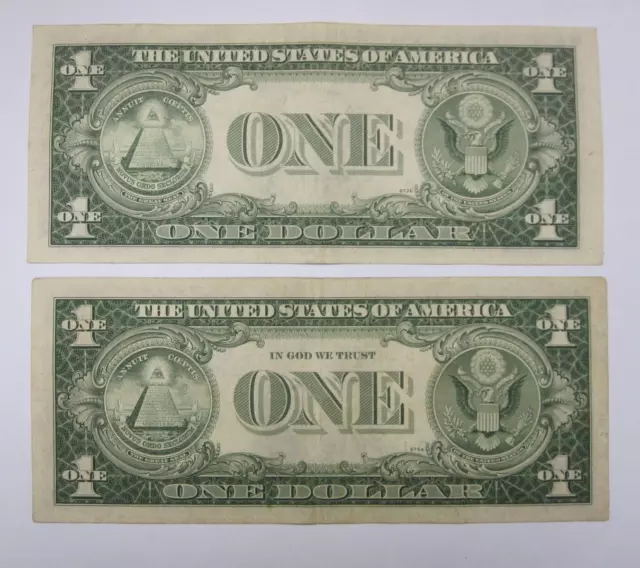 (Set of 2) Vintage 1935-G $1 Silver Certificate Notes ~ No Motto and With Motto