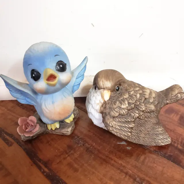 Vintage Ceramic Birds Figurine Set Blue Bird Cute Japan Hand Painted Small