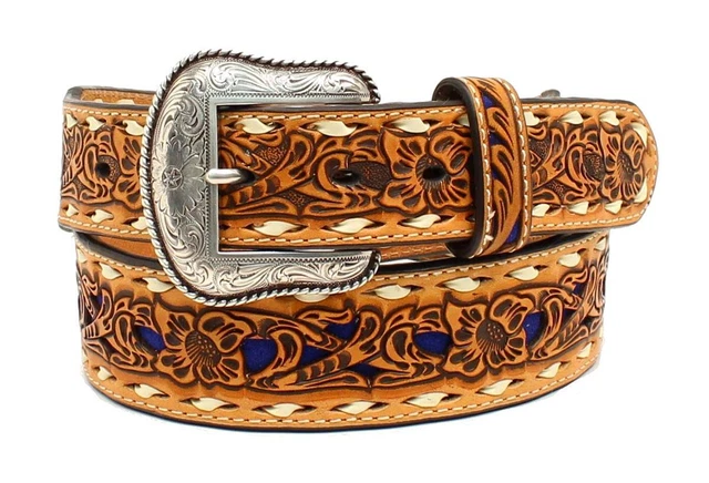 Nocona Western Mens Belt Leather Floral Tooled Laced Blue Inlay Tan N2498727
