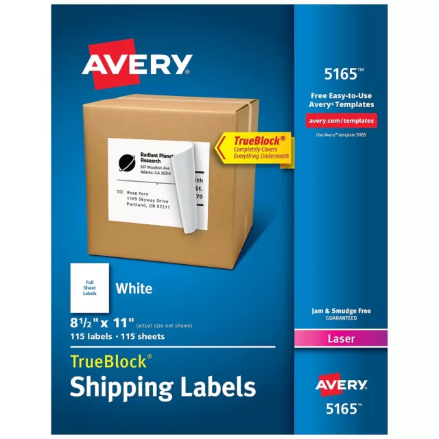 Avery Full-Sheet Labels with TrueBlock Technology Laser 8 1/2 x 11 White 100/Box