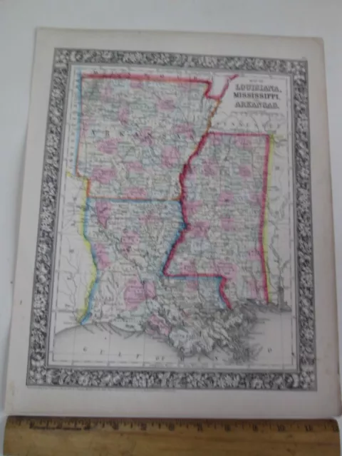 Vintage MAP of LOUISIANA, MISSISSIPPI, ARKANSAS,1860,Mitchell,15 3/8" x 12 1/4"