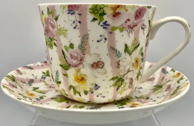 Heritage Stoke On Trent Fine Bone China Breakfast Cup/Saucer-Pink Bouquet-Value+