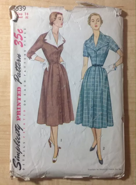 Vtg Dress 1940-50s SIMPLICITY Women Sewing Pattern 3539 One-Piece Coat Dress B32