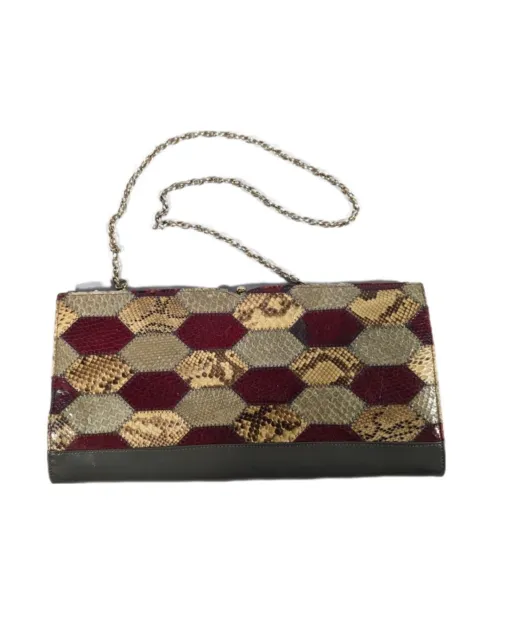 Genuine Vintage Patchwork Snakeskin Python Leather Clutch Handbag Chain Handle
