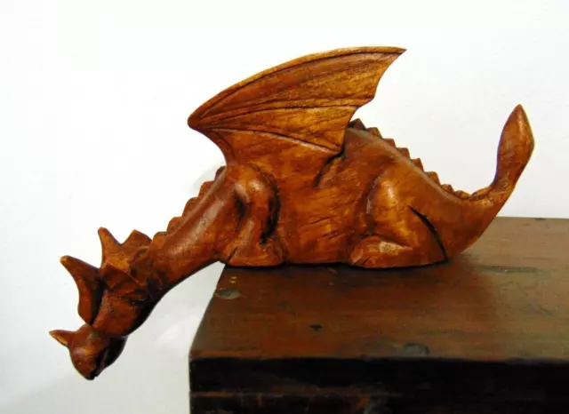 Shelf sitting dragon Hand carved wooden wood ornament gift idea