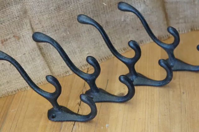 4 Cast Iron TRIPLE SCHOOL Style Coat Hooks Hat Hook Rack Hall Tree Tack Black 2