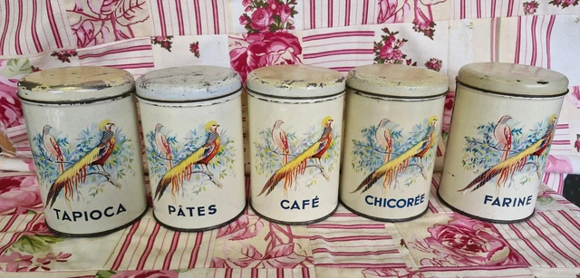 Superbe Ancienne Serie De Pots A épices En Tole émaillé Cuisine Vintage Art Deco