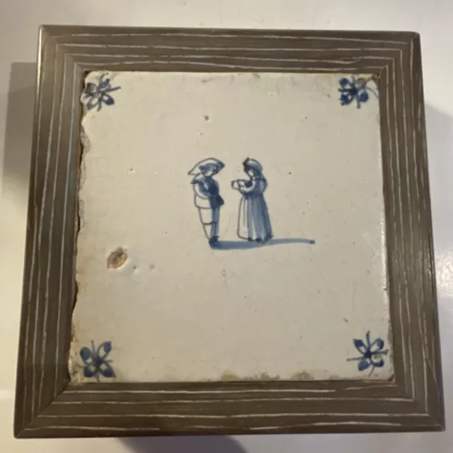 17th Century Delft Tile Young Courting Couple Blue and White in Frame