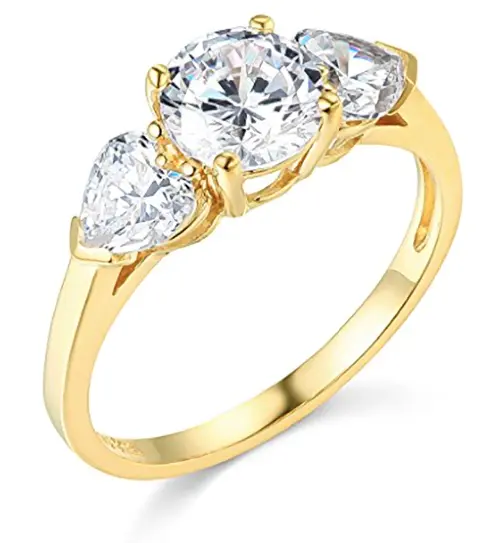 1.95 Ct Round Heart 14K Real Yellow Gold Created Diamond 3-Stone Engagement Ring
